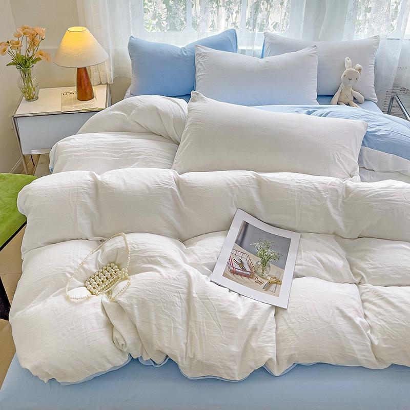 Super Soft Bed 4Pcs Set, Pure Washed Cotton Quilt Cover, Bed Sheet Full Quilt Cover, Bed Hat Student Three 4-Piece Set