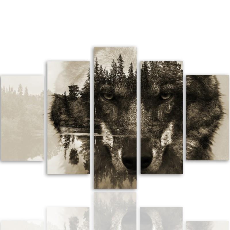 Feeby Five Piece Picture Canvas Print, Wolf In Front of a Forest - Brown