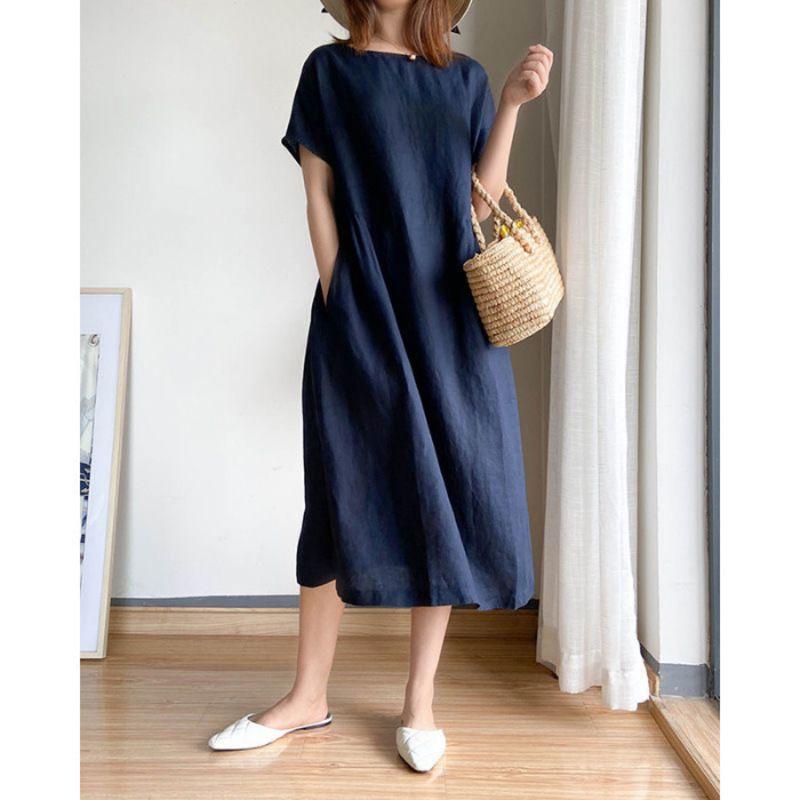 Luxurious Cotton Loose And Thin Dress For Women With Short Sleeves And Round Neck