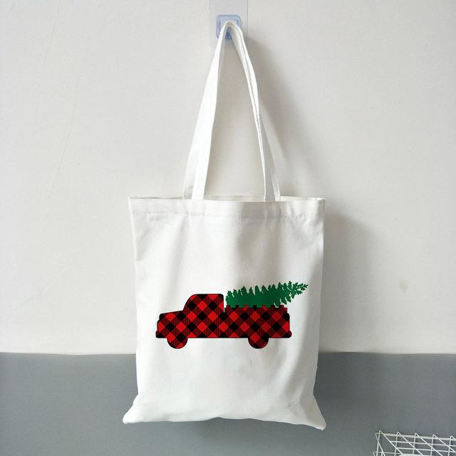 New Fashion Women Shopping Bag Ladies Canvas Plaid Merry Christmas Printed Shopping Bags Totes Girls School Bag