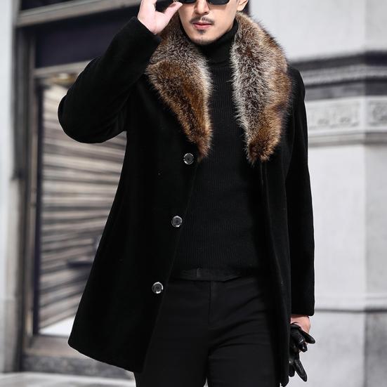 Men Woolen Coat Faux Fur Collar Solid Color Single-breasted Slim Fit Coldproof