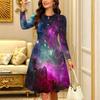 Women Long Sleeve Round Neck Midi Dress Abstract Geometric Wave Print Flared Casual Dress