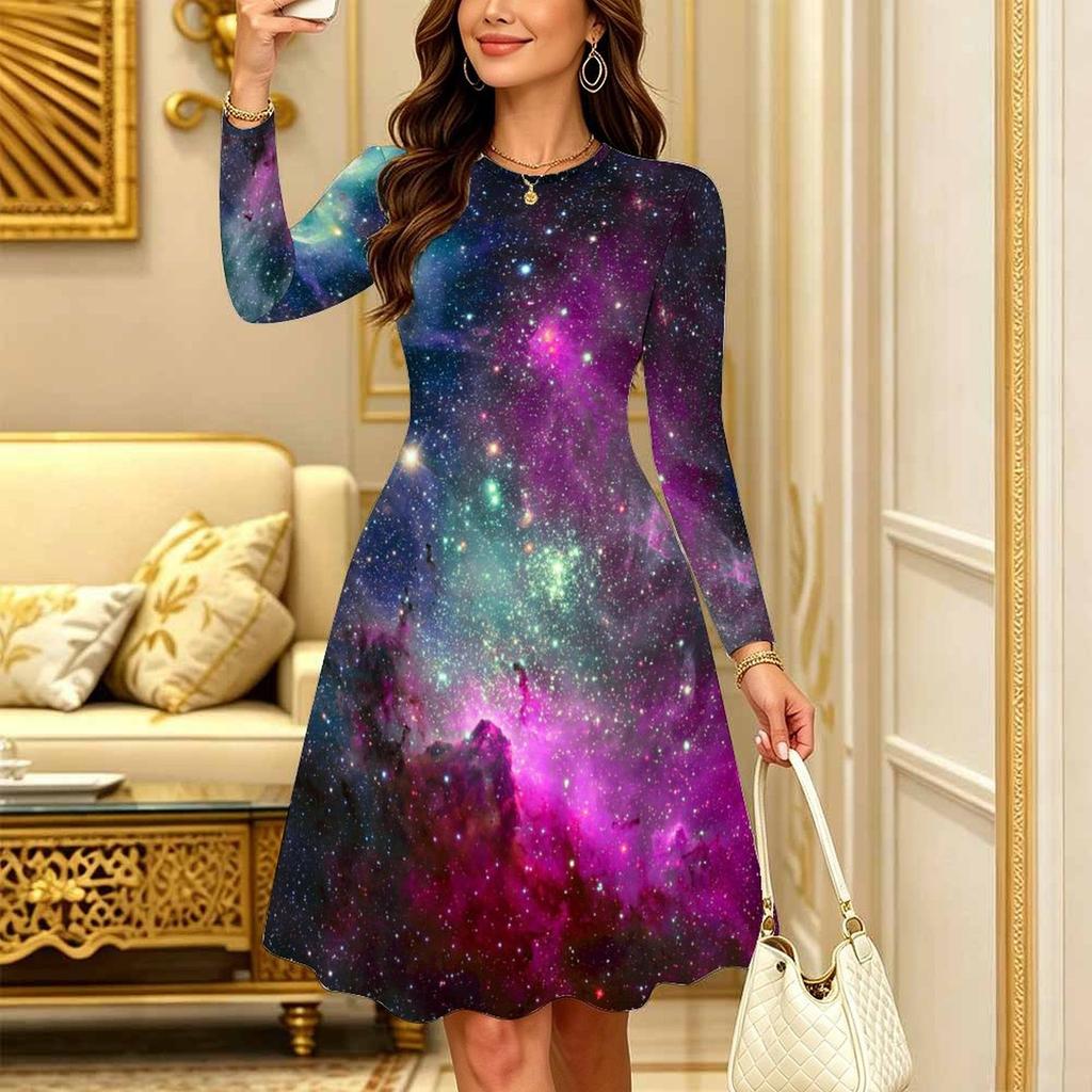 Women Long Sleeve Round Neck Midi Dress Abstract Geometric Wave Print Flared Casual Dress