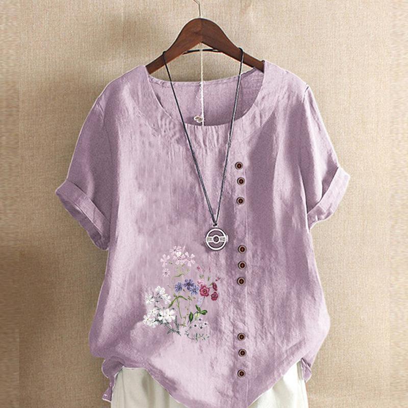 Women's Fashion Flowers and Plants Prined Short Sleeve T-shirt Loose Cotton Shirt Casual Loose Summer Blouse Tops Plus Size