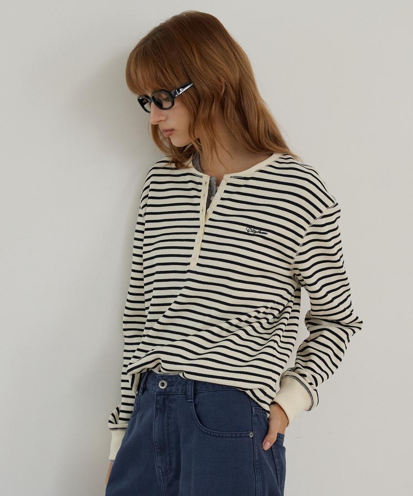 CITYBREEZE Striped Henley Neck Loose Fit T-Shirt_Black