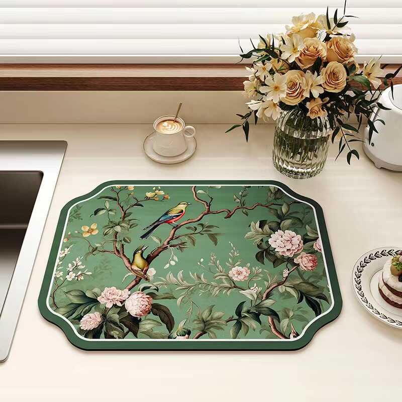 Tapis Absorbant en Diatomite Magpie Chinoise Tampon de Séchage pour Plan de Travail de Cuisine Assiettes Tasses Bols Table Basse