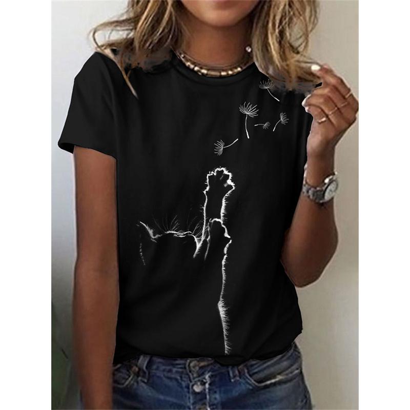 Süßes T-Shirt mit Hunde- und Katzenmuster für Damen, 3D-Tier-Druck, übergroße T-Shirts für den Sommer, kurze Ärmel, Rundhalsausschnitt, Tops, Streetwear