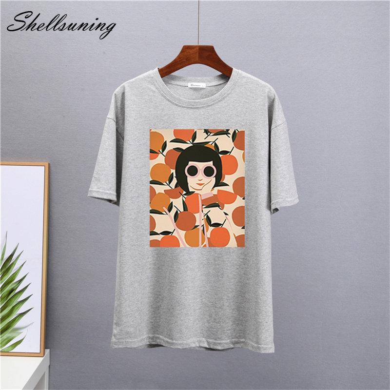 Shellsuning Vintage Graphic Printed T Shirts for Women Summer Casual Basic Black Tops Female Loose Short Sleeve Cotton Tees