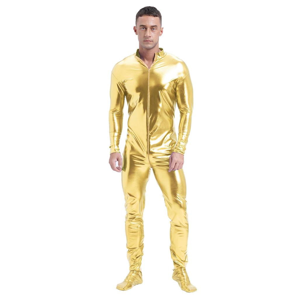 Herren Metallic Zentai Jumpsuit Ganzkörper Eng Stehkragen Langarm Club Performance Kostüm