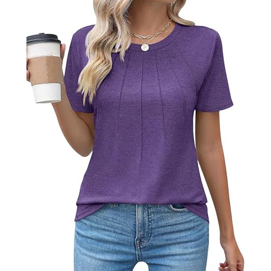 Summer Women Top Round Neck Short Sleeves Pure Color Pleated Loose-fit T-shirt Casual Daily Blouse for Commuting Travel Sport