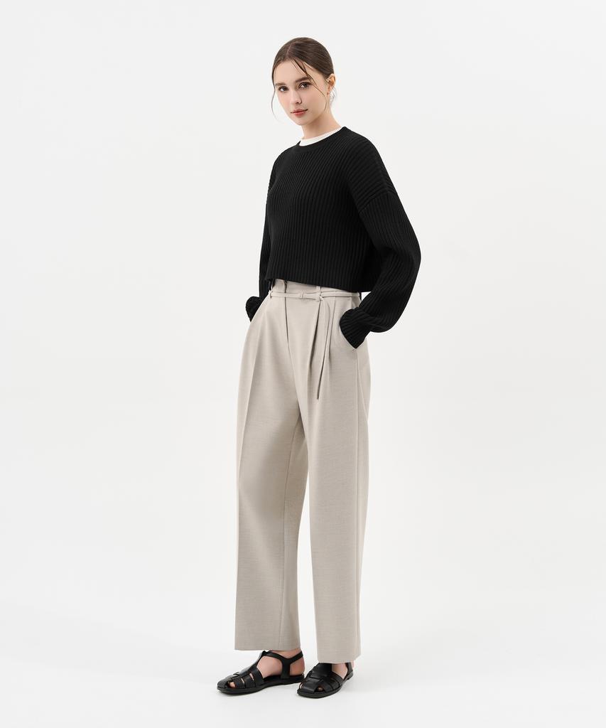 Laneonkyulleoseu Belt Detail Pintuck Wide Pants_Melange Beige