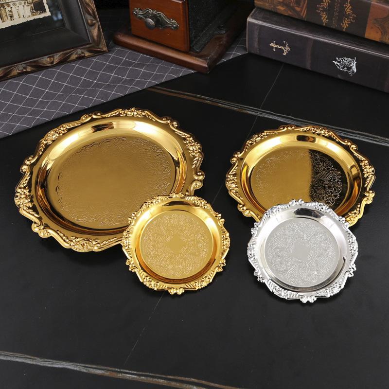 Retro Luxury Stainless Steel Plates Cake Dessert Tray High Tea Snack Fruit Dish Jewelry Storage Tabletop Decor Home Supplies