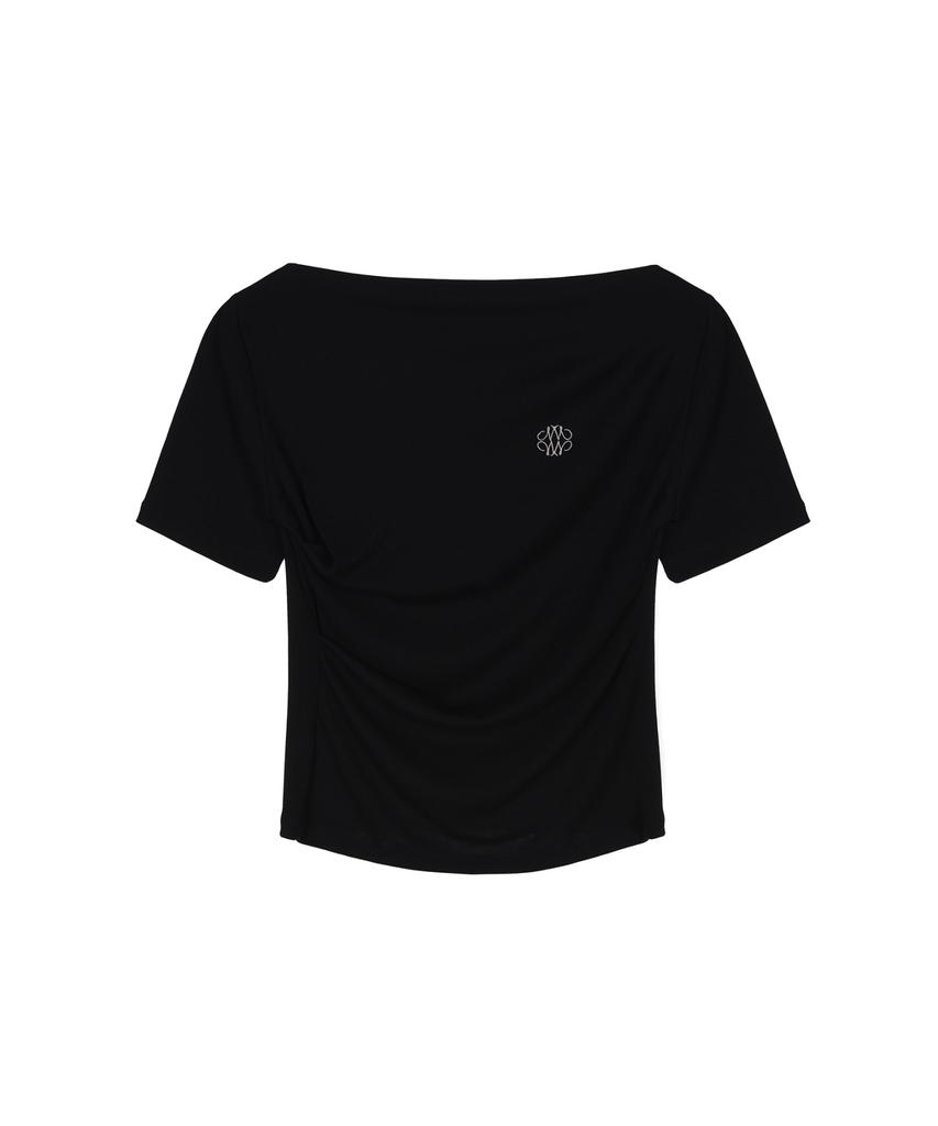 Nigaennikol Half Shirring Drape Boat Neck Top_Black