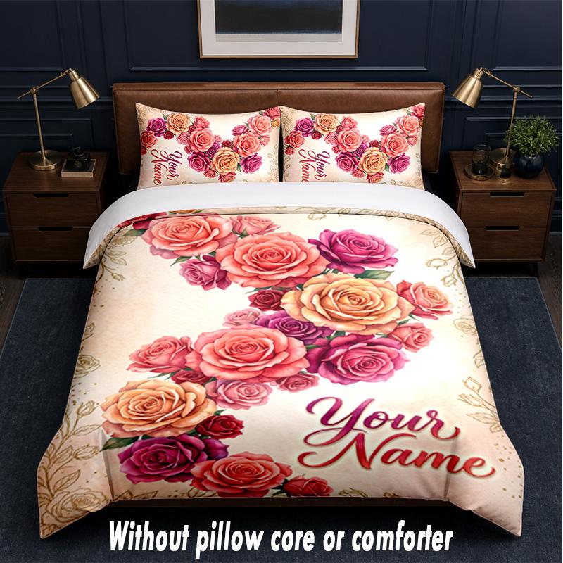 Floral Theme Custom Text Or Name 3Pcs Bedding Set,1 Flat Sheet & 2 Pillowcases Personalized Home Bedding