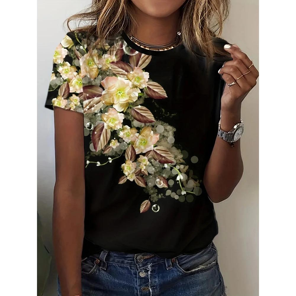 T-shirt d'été à col rond pour femme, tempérament, manches courtes, blouse à motif floral rétro, coupe ample et décontractée