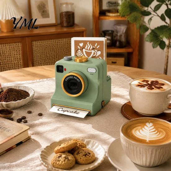 Coffee Decoration Accessories 3D Printed Latte Art Camera, Manual Powder Printer with Beverage Topping Decorator Template Cards, Cocoa Cinnamon