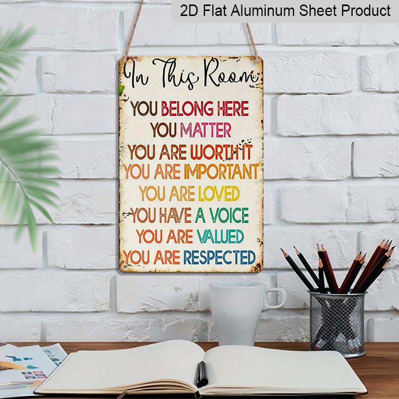 2D Flat, Vintage "You Belong In This Room" Rainbow Wall Decor - 12x8 Inch Aluminum Sign, Inspirational Slogan for Home & Classroom, Durable