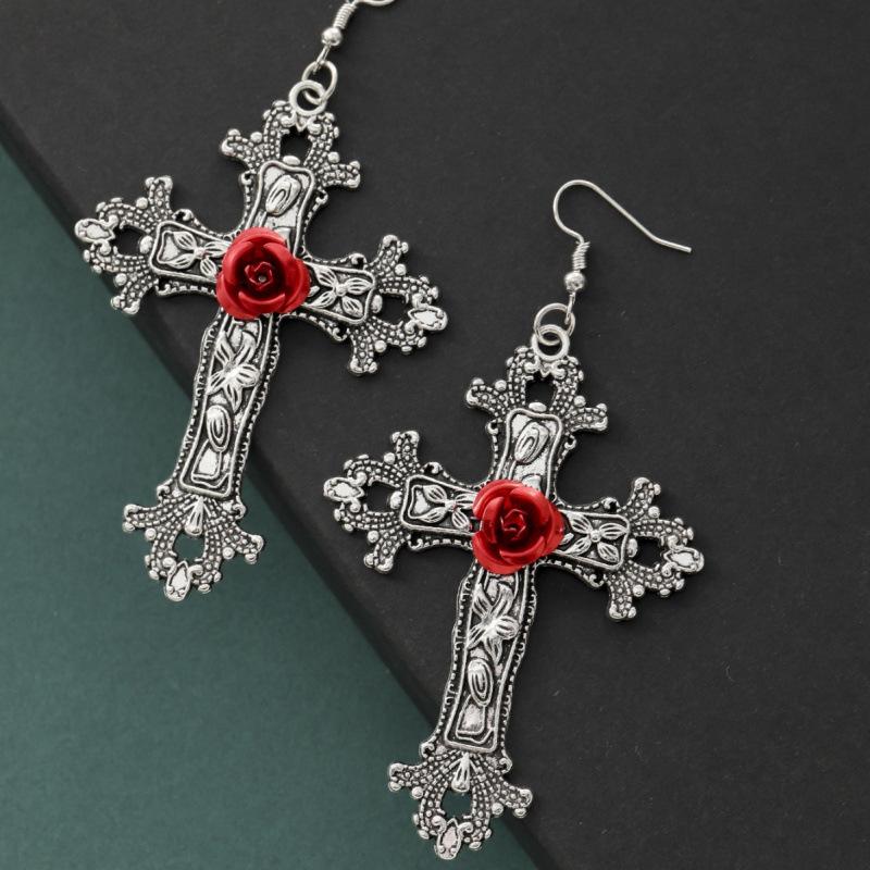 Gothic Dark Rose Cross Earrings Pendant with High-end Aesthetic