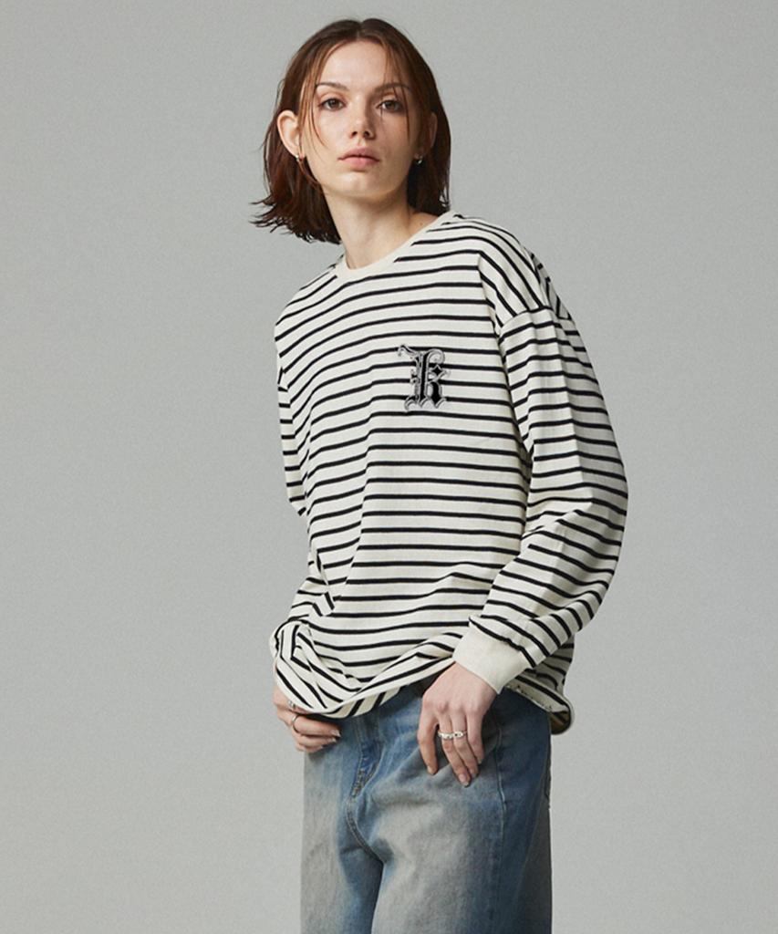 KITTY POTTERY Simple Logo Embroidered Striped T-Shirt Ivory & Black