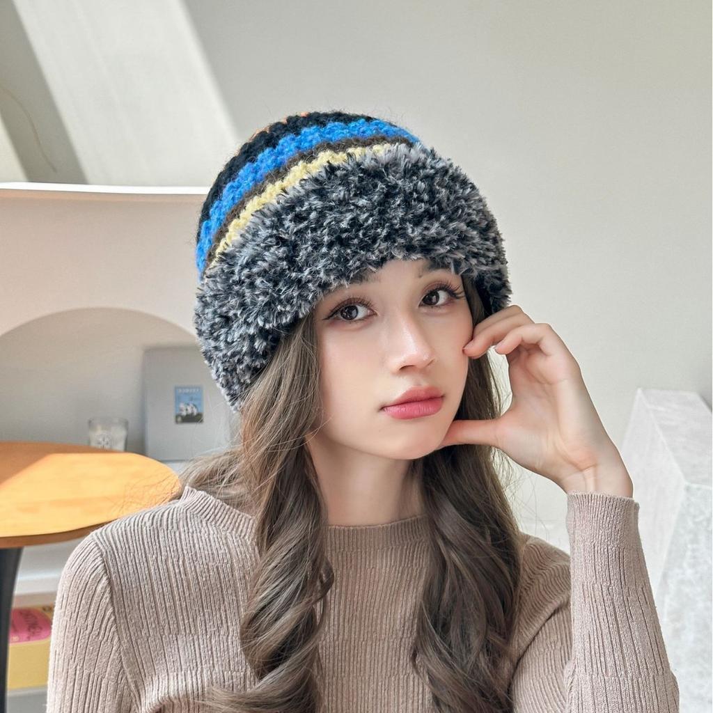 Knitted Hat for Women Thickened Plush Thread Hat  Big Head Flange Plush Edge Warm Hat