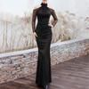 Elegant Slim Fit Wrap-Style Off-Shoulder Midi Dress Women High Waist Solid Color Long Sleeve A-Line
