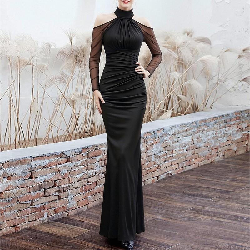 Elegant Slim Fit Wrap-Style Off-Shoulder Midi Dress Women High Waist Solid Color Long Sleeve A-Line
