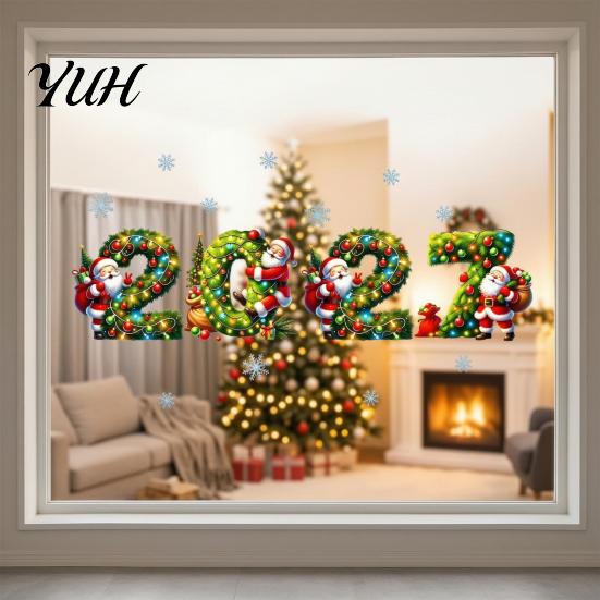 PVC Window Stickers 2027 Merry Christmas Cling, Santa Snowman Reindeer Glass Door Sticker, Clings Static Decal for Living Room Bedroom New Year