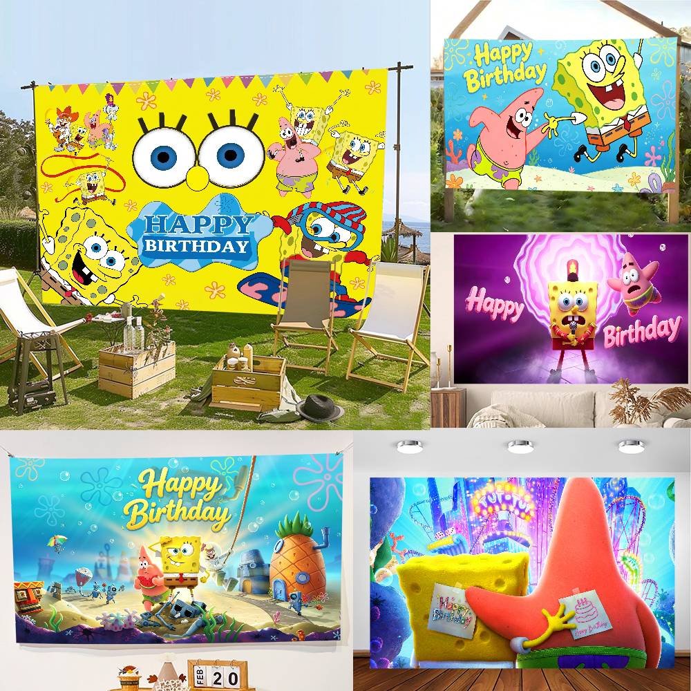 Cartoon Sponge And Bobs S-SquarePant Party Decorations Backdrop Photography Background Photo Studio Props Banner