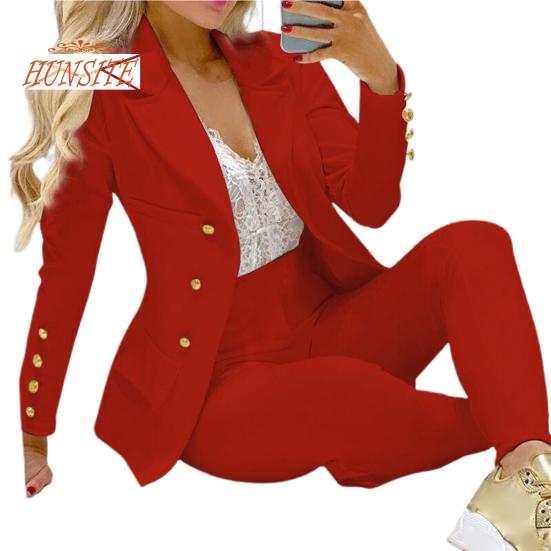 Completo da donna da lavoro da 2 pezzi / set, colletto rovesciato, tinta unita, vita alta, monopetto, pantaloni alla caviglia, completo da lavoro