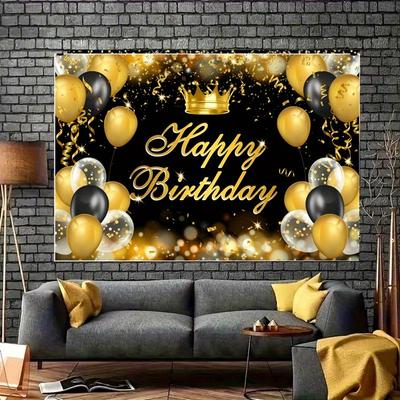 Of Elegant Happy Birthday Golden Crown Anniversary Banner, Hard-wearing Polyester, Gold & Black Theme with Balloons, Stars,motif, Perfect for Party