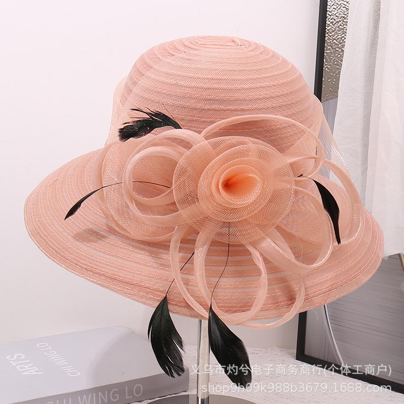 Spring and Summer Women's New Big Flower Feather Decoration Middle-aged and Elderly Mother Mesh Gauze Hat Outdoor Shading Elegant Hat