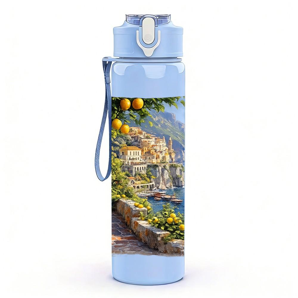 1PC Mountain Village Coast Landscape Print 750ml Color Plastic Sports Water Bottle Leakproof Flip Straw Lid Suitable for Sports Office Home Use