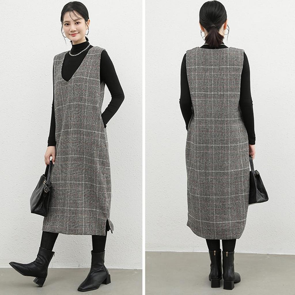 [EINZELN VIELE] Damen Karriertes Latzkleid mit Weste, Lange Länge, Stilvoll, Figurschmeichelnd, Lässig, Alle Jahreszeiten, Größe L