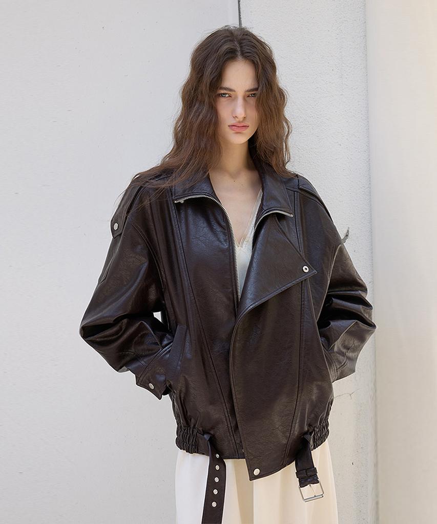 Q'Srb Trim Oversized Leather Jacket - Brown
