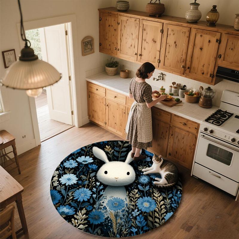 Flower Rabbit,Round Area Rug,Carpet Rug for Living Room Bedroom Sofa Playroom Decor,Non-slip Floor Mat