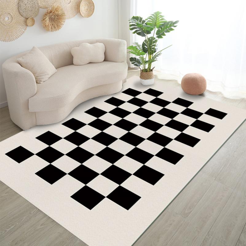 Black White Checkerboard Fluffy Carpet Living Room Decoration Home Sofa Cream Style Bedroom Girl Room Rug Anti-skid Floor Mat