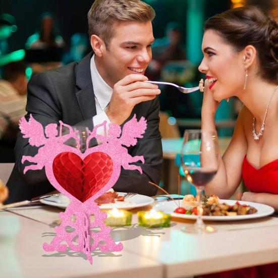 4 Pcs Valentine's Day Honeycomb Centerpieces 3D Glitter Cupid Heart Shaped Honeycomb Ornament Romantic Tabletop Sign for Weddings Valentine's Day
