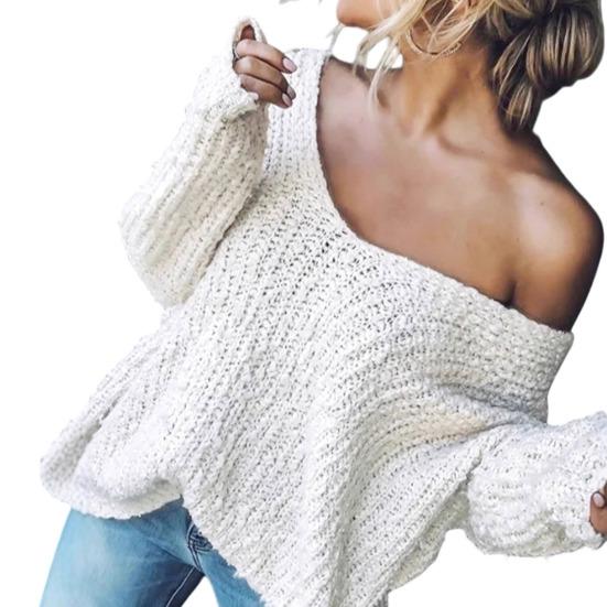 Women Tops V-Neck Long Sleeve Pure Color Knitting Tops Soft Stretchy Loose Fit Sweater Spring Autumn Casual