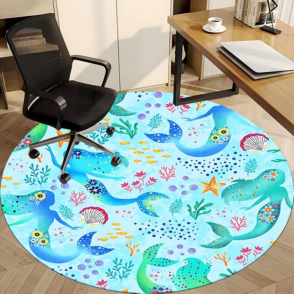 1pc Mermaid OceanChair Carpet for Office, Indoor Non-Slip Washable Polyester Fiber Carpet, Mat For Office, Machine Washable