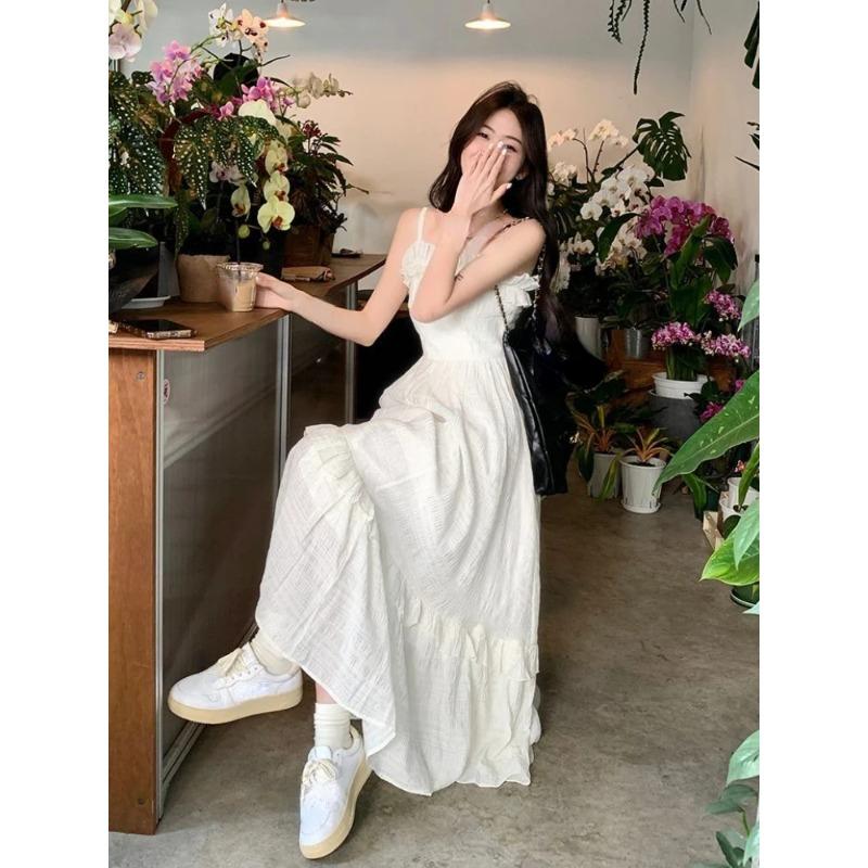 White Dress Women Sweet Ruffles Summer Sleeveless Princess Aesthetic A-line Sundress Holiday Leisure French Style Designed 2023