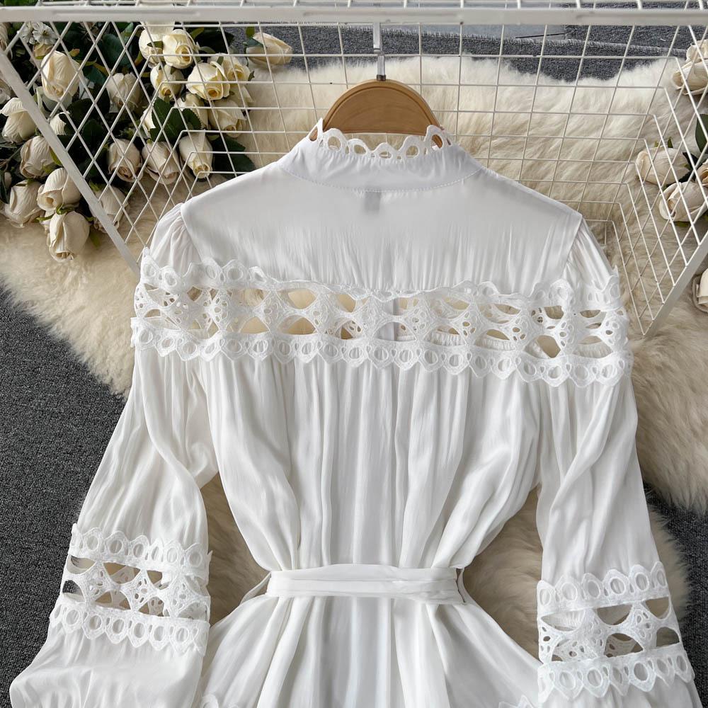 Spring Vintage Lace Hollow Out Long Lantern Sleeves Single Breasted Dress Casual Women A-LINE Autumn Dresses