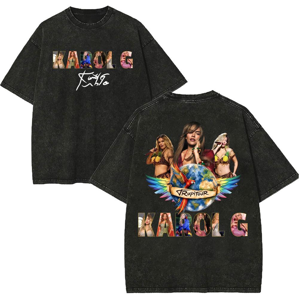 Vintage Tvättad Karol G Tropicoqueta Tour 2026 T-shirts Herr Dam Mode Popmusik T-shirt Sommar Avslappnad Lös Bomulls-T-shirt