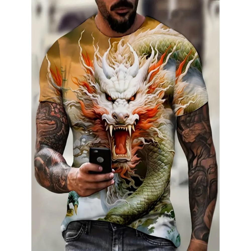 Ανδρικά T-Shirts 3D Σχέδιο Δράκου Κοντομάνικα Καθημερινά Μπλουζάκια με Στρογγυλή Λαιμόκοψη Πουλόβερ Street Outdoor Τοπ Μπλουζάκι Αθλητικό Εξωτερικού Χώρου Υπερμεγέθη Ρούχα
