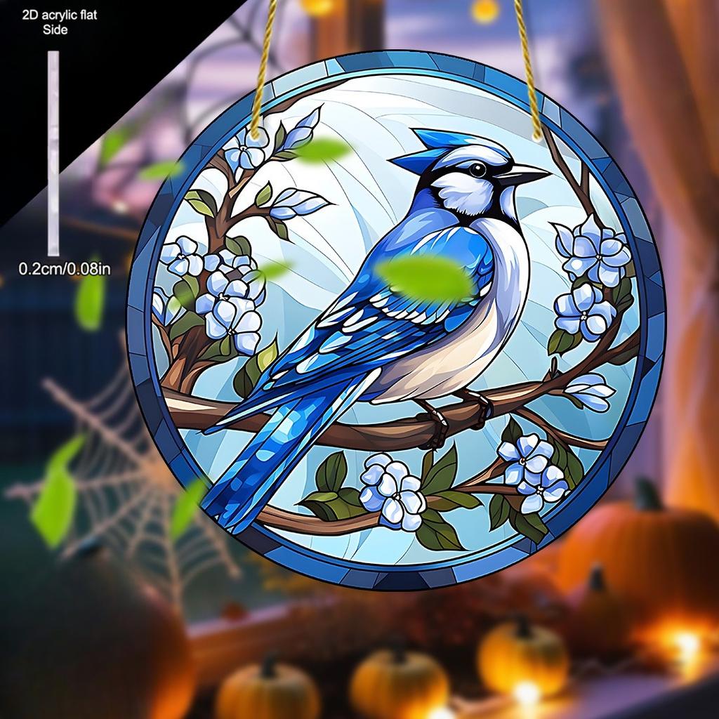 Suncatcher - Garden Decor with Vibrant Blue Bird & Flowers, Natural Style Window Hanging for Home, Nurseries, Vintage Home Decor Wall for Bar Kitchen