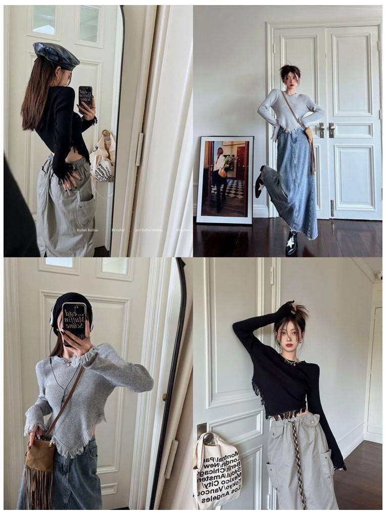 Top ajustado de manga larga con cuello redondo y diseño de borlas para mujer, otoño/invierno