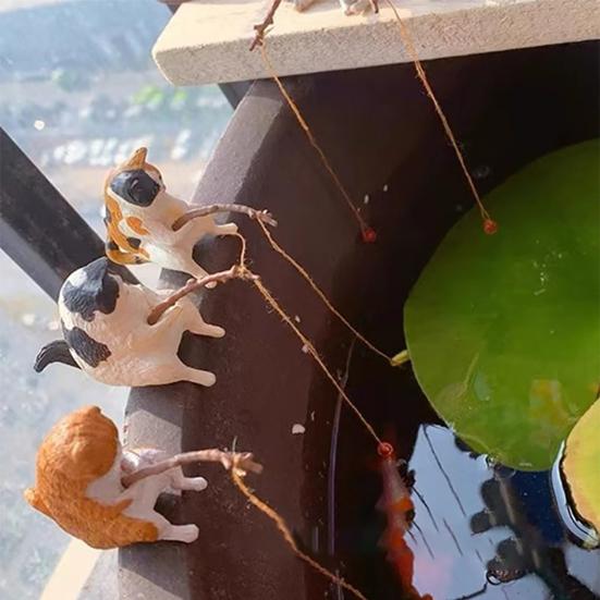 Figurita de Gato Pescador Resina Gatito de Dibujos Animados Estatua Escultura de Animal Decoración Adorno para Hogar Oficina Escritorio Acuario Pecera