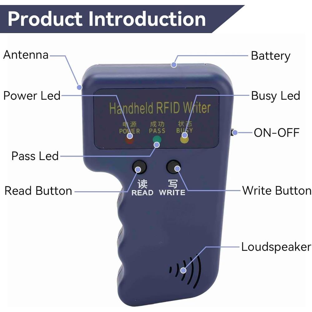 RFID Reader Writer Portable Handheld ID Card Reader Writer 125KHz with 6 Writable Cards and 6 Writable Tags