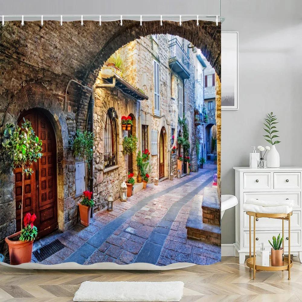 Straße Gebäude Landschaft Dusche Vorhang Blume Pflanze Retro Alte Tür Sommer Ländliche Landschaft Badezimmer Vorhang Hintergrund Wand Dekor