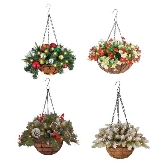 Christmas Hanging Baskets Pre-Lit Artificial Basket with LED Lights Pine Cones Berries Winter Outdoor Planter for Outside Porch Front Door Decor