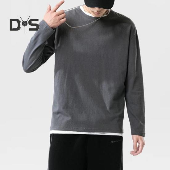 Chemise à col rond et manches longues pour homme, t-shirt doux et respirant, couleur unie, coupe ample, décontracté, printemps-été